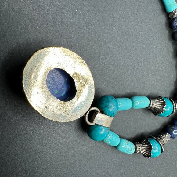 Natural Stone Lapis? Oval Pendant Silver Tone Mixed Beaded Necklace Vintage READ - Picture 7 of 11